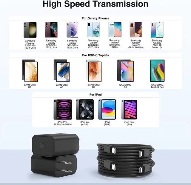 Alt view image 6 of 7 - 2Pack 45W Super Fast Charging Block and USB C to C Cable 10ft,Type C Wall Charging Power Adapter and Android Phone Charger Cord Long for Samsung Galaxy S24+/S23 Ultra/S23+/S22/S21/Note 10/Note20 Plus