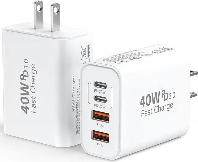 Main image of USB C Wall Fast Charger Block 40W 4-Port Type C Charger Fast Charging Blocks PD Power Charger Adapter+QC 3.0 USB Multiport Charger Brick for iPhone 16/15/14/13/12 Pro Max iPad Galaxy S24/23-2Pack
