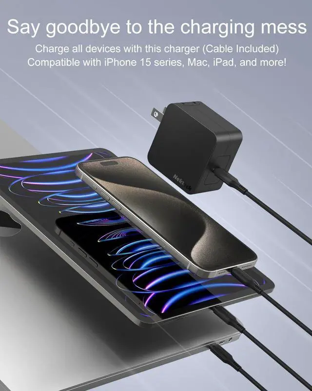 Alt view image 2 of 7 - Nekteck USB C Charger, 60W, GaN Tech, PD 3.0 Fast Charging with Foldable Plug, Compatible with MacBook Air/Pro, iPhone 15/16 Series