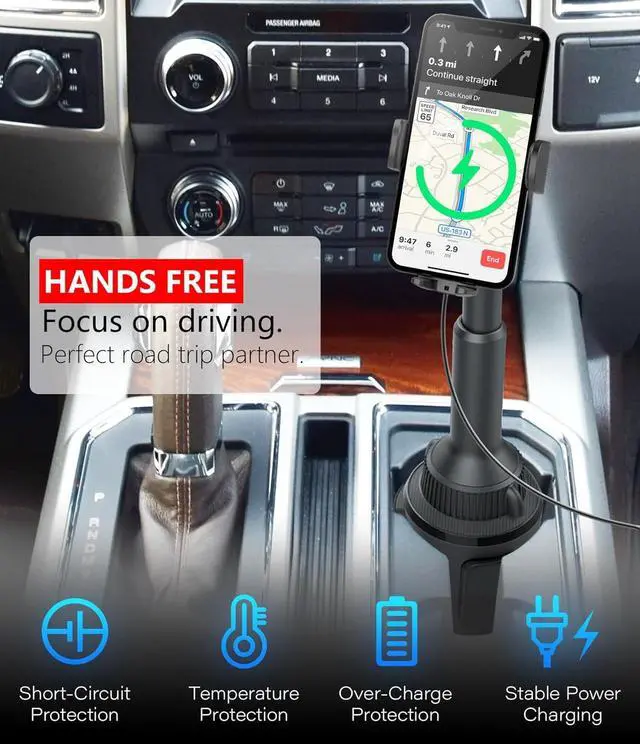 Alt view image 7 of 7 - APPS2Car Solid Cup Phone Mount for Car Cup Holder Wireless Charger 15W with Quick Extension Long Arm Fast Swivel Adjustable Height 360 Rotatable Low Profile for iPhone 15 Pro Max Plus 14 13 12 11 XS X