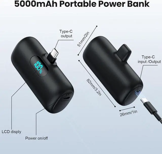 Alt view image 7 of 7 - Mini Portable Charger USB C Power Bank,Upgraded 5000mAh PD Fast Charging Battery Pack Built-in USB-C Connector,LCD Display,Compatible with iPhone16,16 Plus,16Pro/Max/15,iPad Pro/Air,Android Phone etc