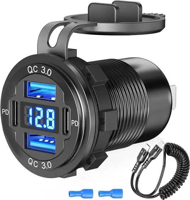 Main image of 12V USB C Outlet 78W 4 Ports Aluminum Car Charger Socket, Dual PD 30W and Dual QC 18W Car USB Port 12V Charger with Voltmeter and C to C Cable, Suitable for Boat Marine Bus Truck Golf RV Motorcycle