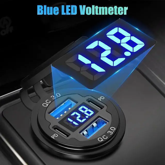 Alt view image 3 of 7 - 12V USB C Outlet 78W 4 Ports Aluminum Car Charger Socket, Dual PD 30W and Dual QC 18W Car USB Port 12V Charger with Voltmeter and C to C Cable, Suitable for Boat Marine Bus Truck Golf RV Motorcycle