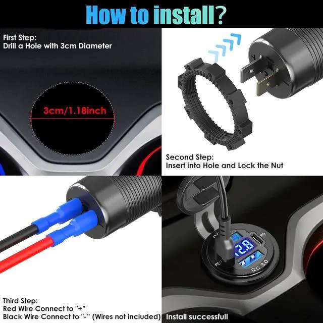 Alt view image 6 of 7 - 12V USB C Outlet 78W 4 Ports Aluminum Car Charger Socket, Dual PD 30W and Dual QC 18W Car USB Port 12V Charger with Voltmeter and C to C Cable, Suitable for Boat Marine Bus Truck Golf RV Motorcycle