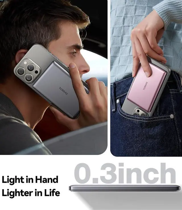 Alt view image 4 of 7 - MiniMag Power Bank Ultra Slim 5 000mAh Wireless Portable Charger with USB-C Cable Fast Charging Magnetic Battery Pack Magsafe-Compatible Charger for iPhone 16/15/14/13/12 Glacier Gray