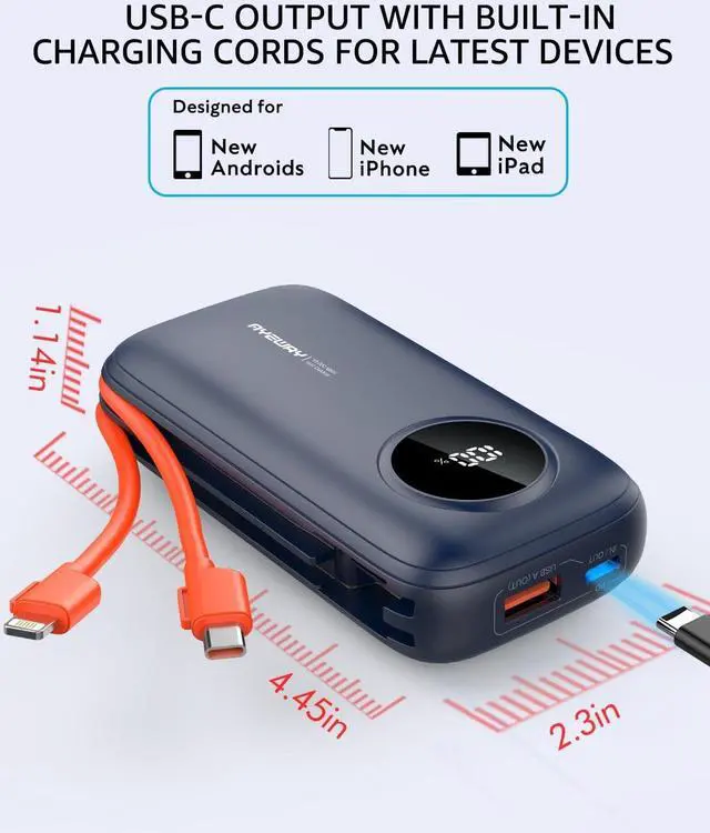 Alt view image 2 of 7 - Ayeway Lightweight USB C Battery Pack with Built in Cables,10,000mah Portable Charger High Speed Charging Power Bank with 4 outputs,External Battery Phone Charger for iPhone,Samsung,5V Heated Vest