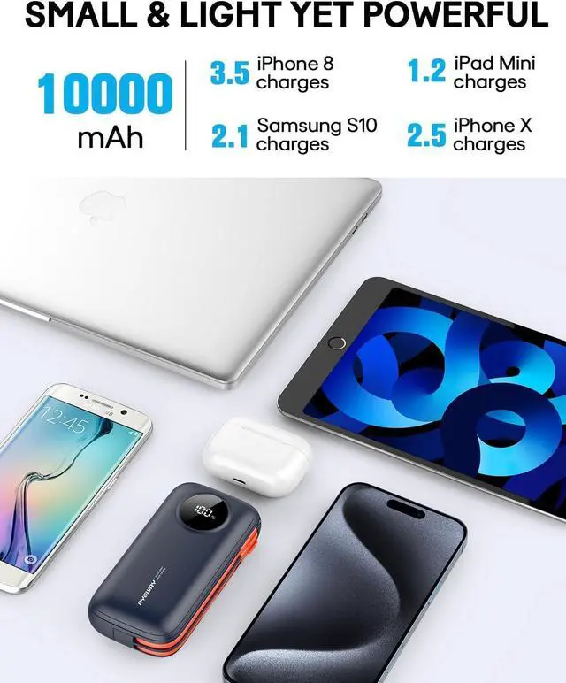 Alt view image 4 of 7 - Ayeway Lightweight USB C Battery Pack with Built in Cables,10,000mah Portable Charger High Speed Charging Power Bank with 4 outputs,External Battery Phone Charger for iPhone,Samsung,5V Heated Vest