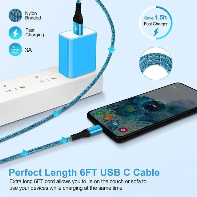 Alt view image 6 of 7 - USB C Charger Cable Fast Charging 3 Pack 6ft for iPhone 16 15 Pro Max/15 Plus/15 Pro/15 3.1A Braided Car Cord USB A to USB C Android Phone Power Cord for  Galaxy S24 A54 A14 S23 Ultra S22 S21