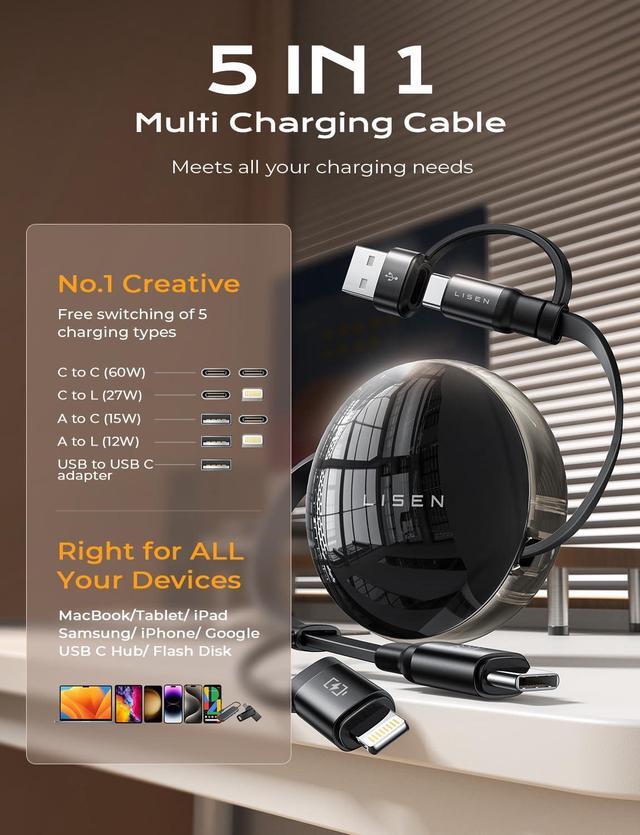Alt view image 2 of 7 - LISEN 5-in-1 Fast Charging Retractable Cable for iPhone, iPad, Samsung - 60W Charger with USB-C/A Ports for Phones, Tablets, Black