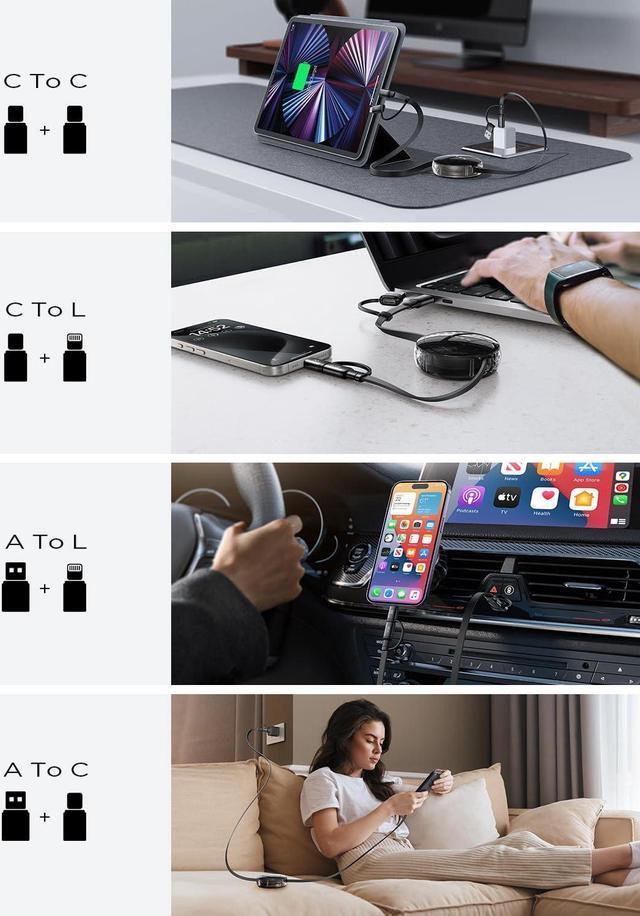 Alt view image 3 of 7 - LISEN 5-in-1 Fast Charging Retractable Cable for iPhone, iPad, Samsung - 60W Charger with USB-C/A Ports for Phones, Tablets, Black