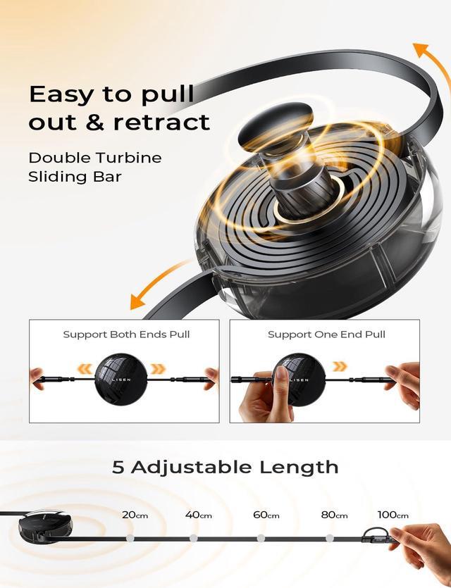 Alt view image 6 of 7 - LISEN 5-in-1 Fast Charging Retractable Cable for iPhone, iPad, Samsung - 60W Charger with USB-C/A Ports for Phones, Tablets, Black