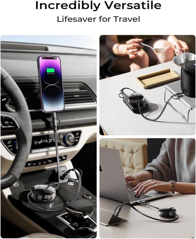 Alt view image 7 of 7 - LISEN 5-in-1 Fast Charging Retractable Cable for iPhone, iPad, Samsung - 60W Charger with USB-C/A Ports for Phones, Tablets, Black
