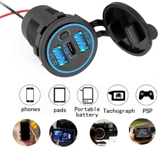 Alt view image 6 of 7 - 12v usb charger, PD 20W USB-C Power Socket and 18W QC3.0 Socket Waterproof Power Outlet 12V/24V with Power Switch 12V USB C Outlet for Car Golf Cart Boat Marine Bus Truck RV Marine Motorcycle etc.