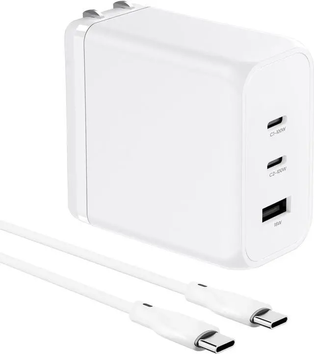 Main image of 100W Smart GaN PD Charger, 6.6ft/2m 100W E-Mark Cable, 3 Ports (2 USB-C, 1 USB-A), Compatible with MacBook Pro, Pixelbook, ThinkPad, XPS, iPad Pro, Samsung S25 Ultra, iPhone 16 Pro & More