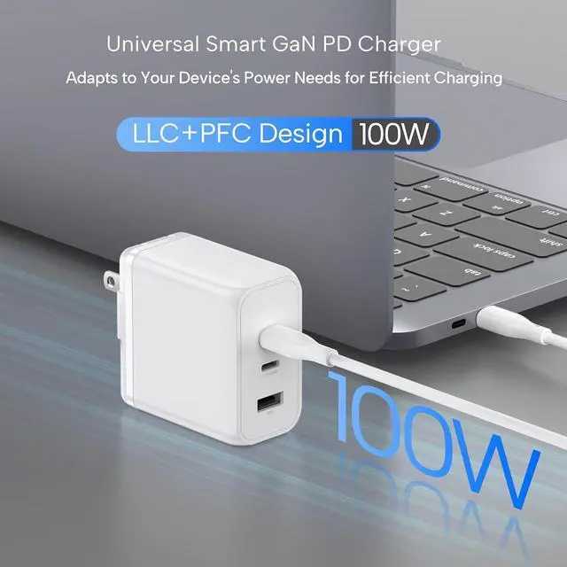 Alt view image 2 of 6 - 100W Smart GaN PD Charger, 6.6ft/2m 100W E-Mark Cable, 3 Ports (2 USB-C, 1 USB-A), Compatible with MacBook Pro, Pixelbook, ThinkPad, XPS, iPad Pro, Samsung S25 Ultra, iPhone 16 Pro & More
