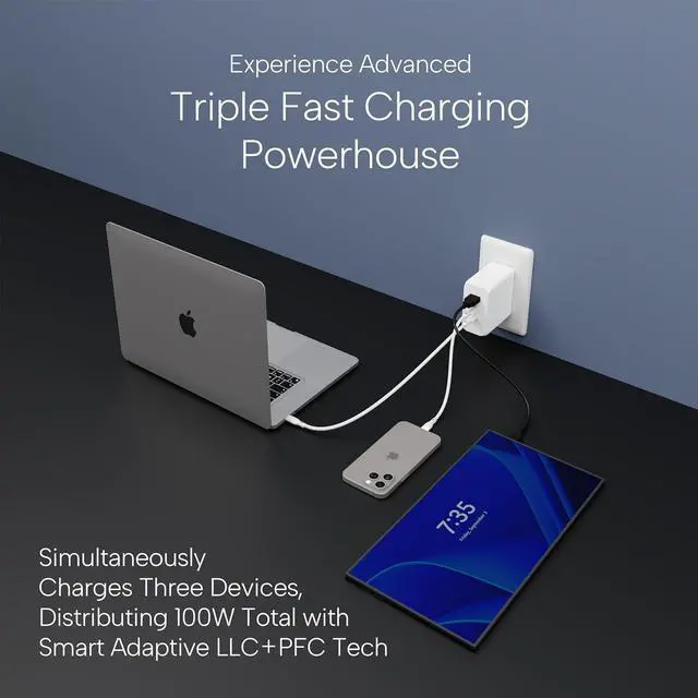Alt view image 3 of 6 - 100W Smart GaN PD Charger, 6.6ft/2m 100W E-Mark Cable, 3 Ports (2 USB-C, 1 USB-A), Compatible with MacBook Pro, Pixelbook, ThinkPad, XPS, iPad Pro, Samsung S25 Ultra, iPhone 16 Pro & More