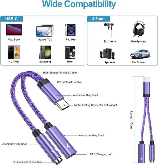 Alt view image 5 of 7 - USB C to 3.5mm Audio Headphone & Android Phone Charger Adapter, 2-in-1 Type C to Aux Earphone Jack Dongle Cable & 60W Fast Charging for Samsung Galaxy A54 A14 A34 S24 S23 Ultra S22 S21 fe S20 A13 A53