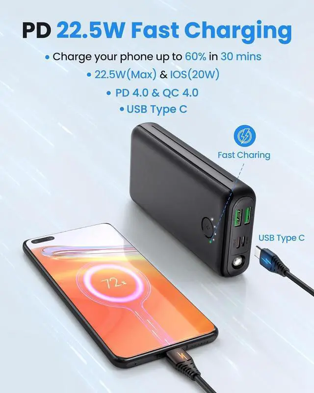 Alt view image 2 of 7 - Portable Charger Power Bank 30000mAh - USB C 22.5W Fast Charging External Battery Pack Charging Bank PD QC4.0 with Flashlight 3 Outputs & 2 Inputs Phone Charger for iPhone Samsung Galaxy iPad etc