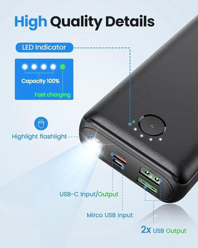 Alt view image 4 of 7 - Portable Charger Power Bank 30000mAh - USB C 22.5W Fast Charging External Battery Pack Charging Bank PD QC4.0 with Flashlight 3 Outputs & 2 Inputs Phone Charger for iPhone Samsung Galaxy iPad etc