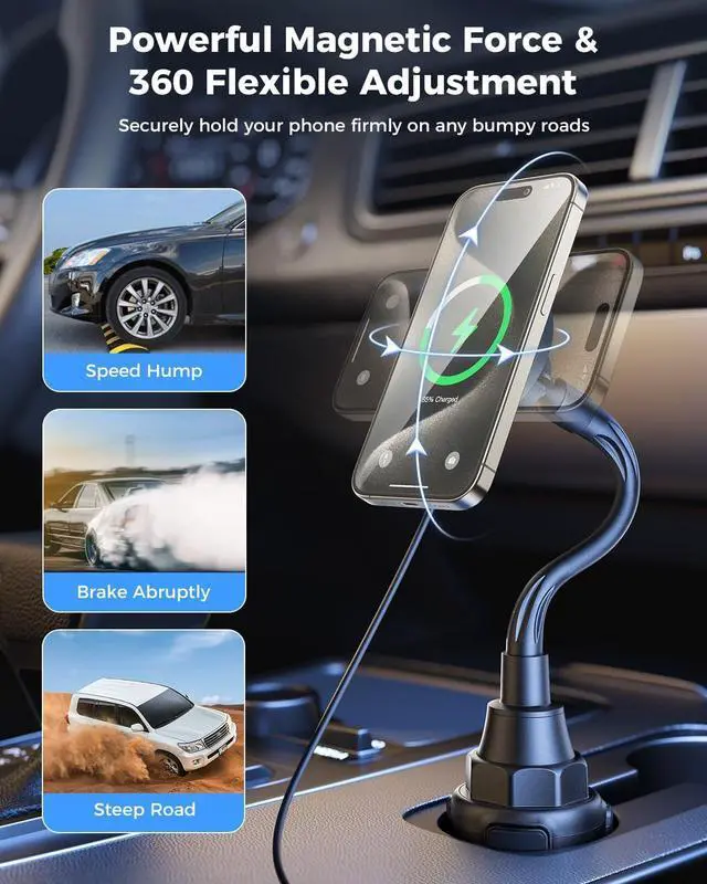 Alt view image 6 of 7 - SUPERONE 2025 Upgraded for MagSafe Cup Holder Charger, MagSafe Car Mount Charger 15W Fast Charging with Adjustable Gooseneck for iPhone 16 15 14 13 12 Pro Max Plus Mini MagSafe Case