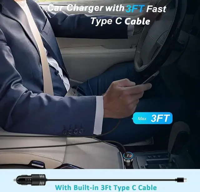 Alt view image 6 of 7 - 60W Super Fast Charging Android Car Charger Type C Rapid Samsung Car Charger with 3ft Built-in USB C Cable for Samsung Galaxy S25 S24 Ultra S23 FE S22 S21 S20 Note 20 A16 A15 A54 A14 A53 A23 A13 A03S