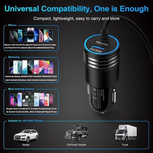 Alt view image 7 of 7 - 60W Super Fast Charging Android Car Charger Type C Rapid Samsung Car Charger with 3ft Built-in USB C Cable for Samsung Galaxy S25 S24 Ultra S23 FE S22 S21 S20 Note 20 A16 A15 A54 A14 A53 A23 A13 A03S