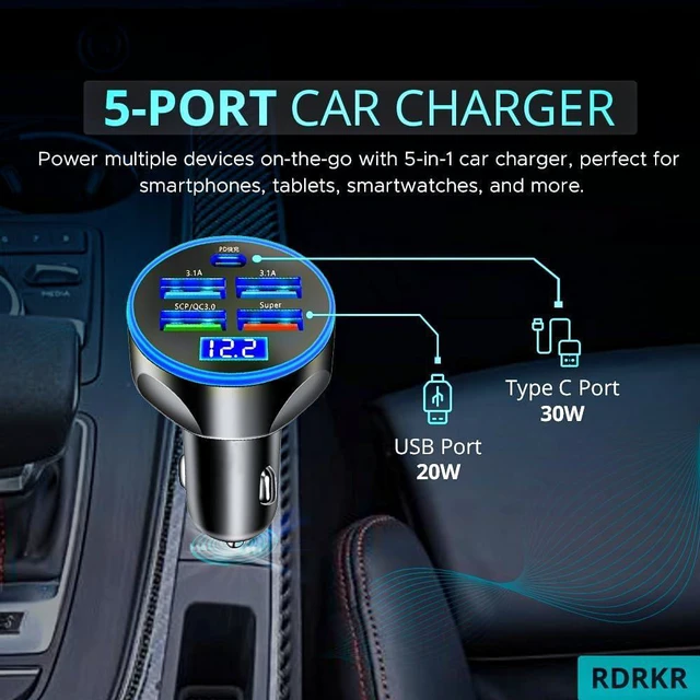 Alt view image 7 of 7 - 120W 5-Port Car Charger with PD Fast Charging & LED Voltage Display USB C Cigarette Lighter Adapter (4 USB + 1 PD) for iPhone Android & Multiple Devices