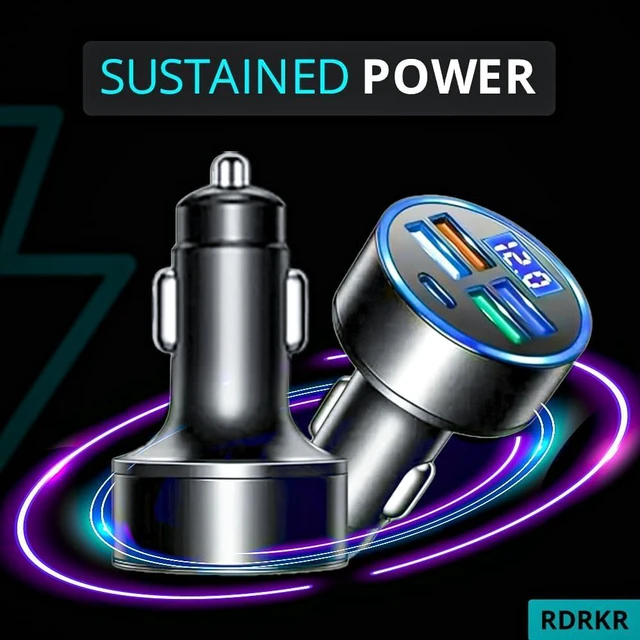 Alt view image 3 of 7 - 120W 5-Port Car Charger with PD Fast Charging & LED Voltage Display USB C Cigarette Lighter Adapter (4 USB + 1 PD) for iPhone Android & Multiple Devices
