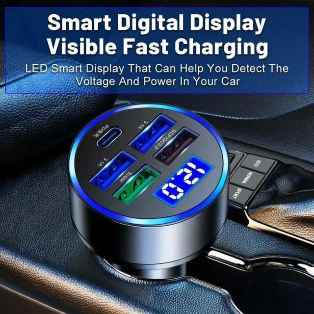 Alt view image 4 of 7 - 120W 5-Port Car Charger with PD Fast Charging & LED Voltage Display USB C Cigarette Lighter Adapter (4 USB + 1 PD) for iPhone Android & Multiple Devices