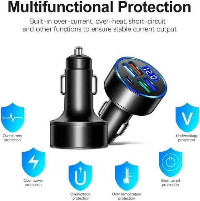 Alt view image 6 of 7 - 120W 5-Port Car Charger with PD Fast Charging & LED Voltage Display USB C Cigarette Lighter Adapter (4 USB + 1 PD) for iPhone Android & Multiple Devices