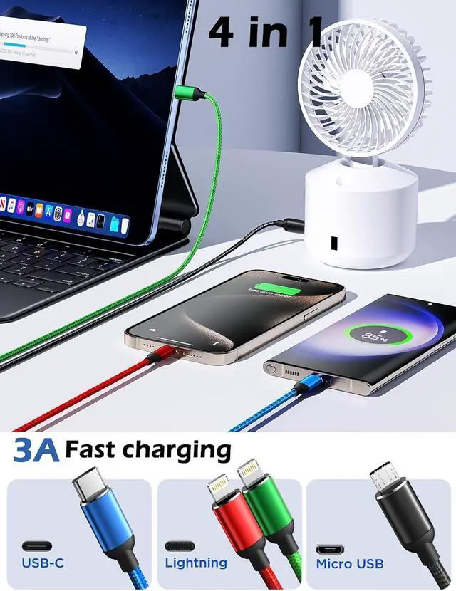 Alt view image 2 of 6 - Multi Charging Cable, [2Pack 6Ft] 4 in 1 Fast Multi Charging Cord Nylon Braided Multiple Charger Cable USB Cable Adapter for IP/Type C/Micro USB Port for Cell Phones Tablets Samsung Galaxy