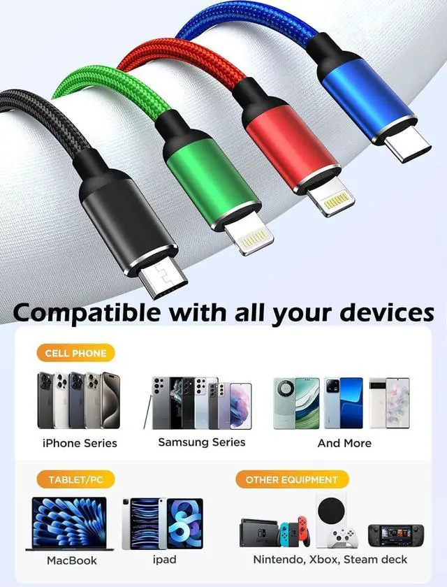 Alt view image 4 of 6 - Multi Charging Cable, [2Pack 6Ft] 4 in 1 Fast Multi Charging Cord Nylon Braided Multiple Charger Cable USB Cable Adapter for IP/Type C/Micro USB Port for Cell Phones Tablets Samsung Galaxy