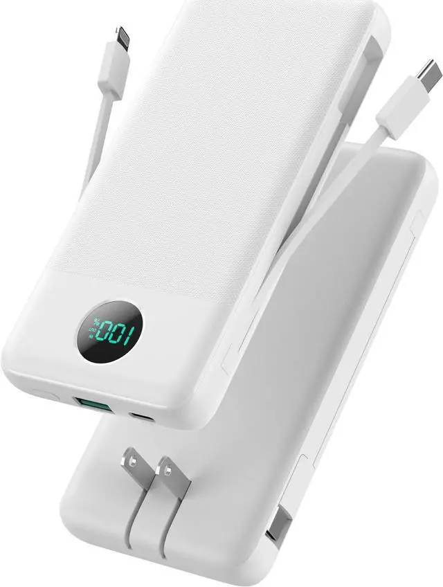 Main image of Portable Charger with Built-in Cables and AC Wall Plug 13800mAh,LCD Display Slim PD Fast USB C Power Bank,4 Outputs Travel Essentials Battery Pack Compatible with iPhone,Samsung,All Smart Phones-White