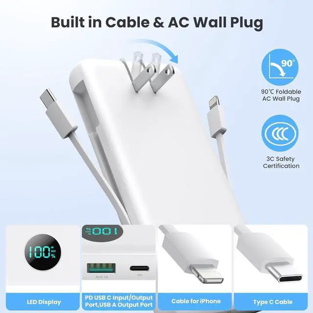 Alt view image 2 of 7 - Portable Charger with Built-in Cables and AC Wall Plug 13800mAh,LCD Display Slim PD Fast USB C Power Bank,4 Outputs Travel Essentials Battery Pack Compatible with iPhone,Samsung,All Smart Phones-White