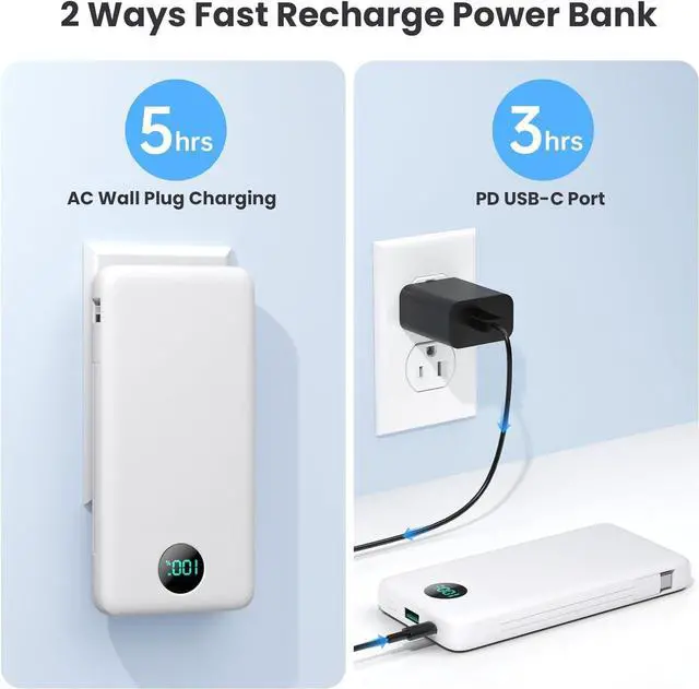 Alt view image 5 of 7 - Portable Charger with Built-in Cables and AC Wall Plug 13800mAh,LCD Display Slim PD Fast USB C Power Bank,4 Outputs Travel Essentials Battery Pack Compatible with iPhone,Samsung,All Smart Phones-White