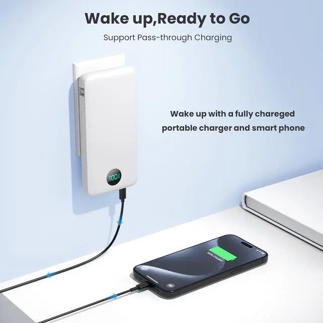 Alt view image 6 of 7 - Portable Charger with Built-in Cables and AC Wall Plug 13800mAh,LCD Display Slim PD Fast USB C Power Bank,4 Outputs Travel Essentials Battery Pack Compatible with iPhone,Samsung,All Smart Phones-White