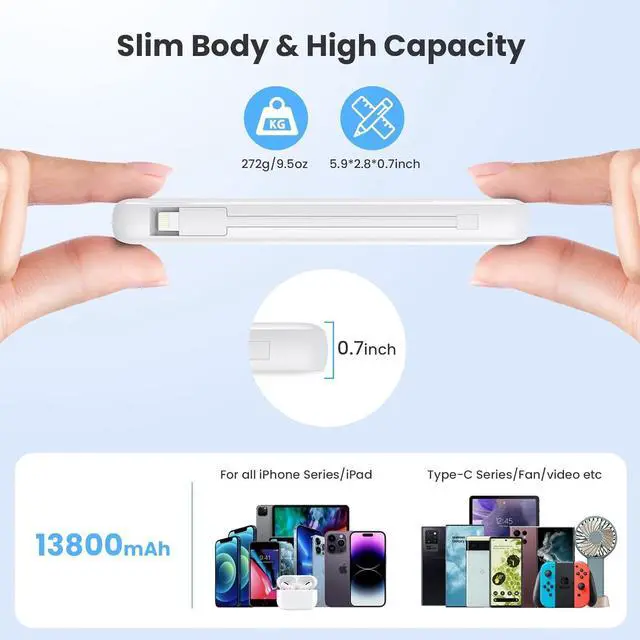 Alt view image 3 of 7 - Portable Charger with Built-in Cables and AC Wall Plug 13800mAh,LCD Display Slim PD Fast USB C Power Bank,4 Outputs Travel Essentials Battery Pack Compatible with iPhone,Samsung,All Smart Phones-White