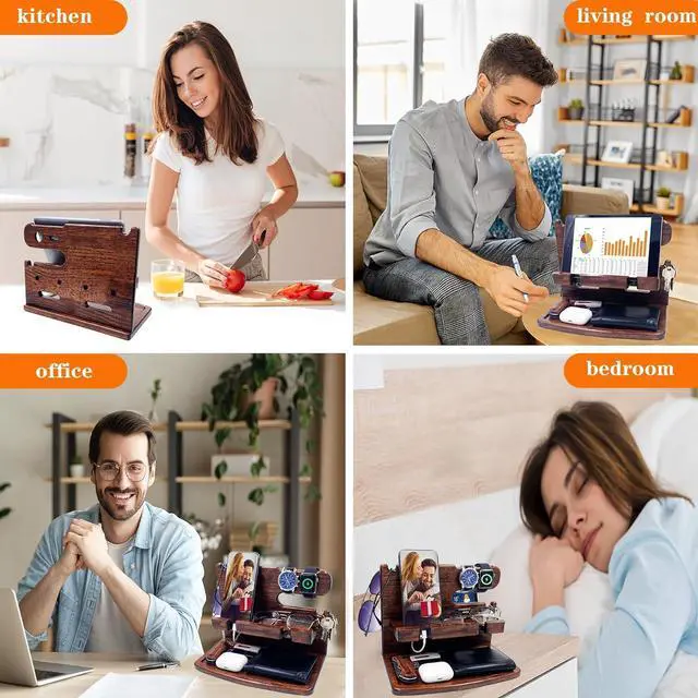 Alt view image 2 of 7 - Gifts for Men Women Dad Husband Boyfriend Wood Phone Docking Station Nightstand Organizer for Men Birthday Gifts (Dark Brown)