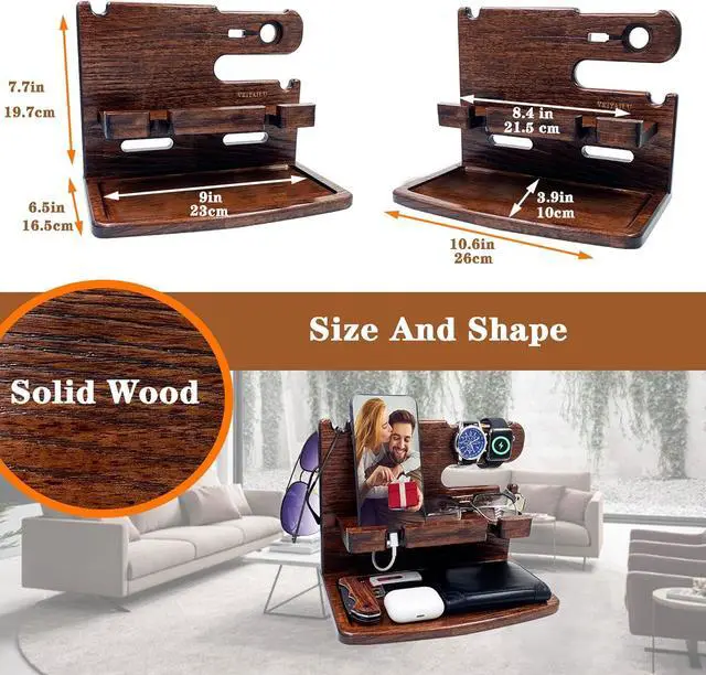 Alt view image 3 of 7 - Gifts for Men Women Dad Husband Boyfriend Wood Phone Docking Station Nightstand Organizer for Men Birthday Gifts (Dark Brown)