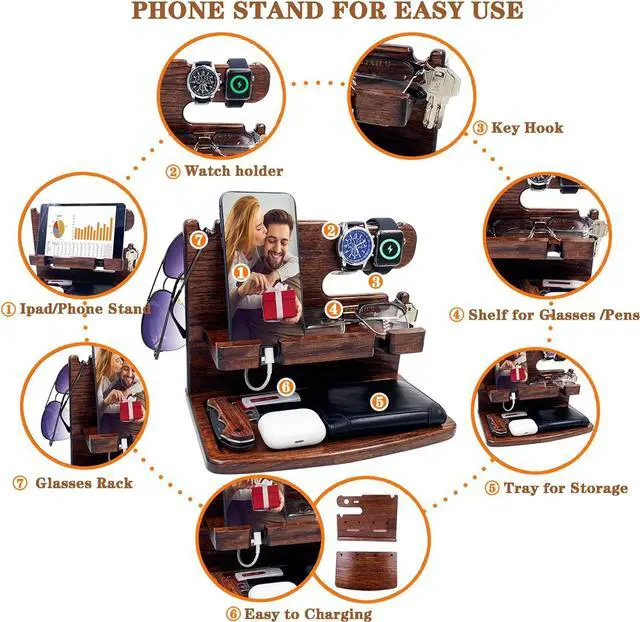 Alt view image 4 of 7 - Gifts for Men Women Dad Husband Boyfriend Wood Phone Docking Station Nightstand Organizer for Men Birthday Gifts (Dark Brown)