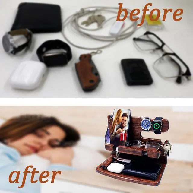 Alt view image 6 of 7 - Gifts for Men Women Dad Husband Boyfriend Wood Phone Docking Station Nightstand Organizer for Men Birthday Gifts (Dark Brown)