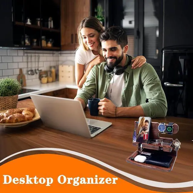 Alt view image 7 of 7 - Gifts for Men Women Dad Husband Boyfriend Wood Phone Docking Station Nightstand Organizer for Men Birthday Gifts (Dark Brown)