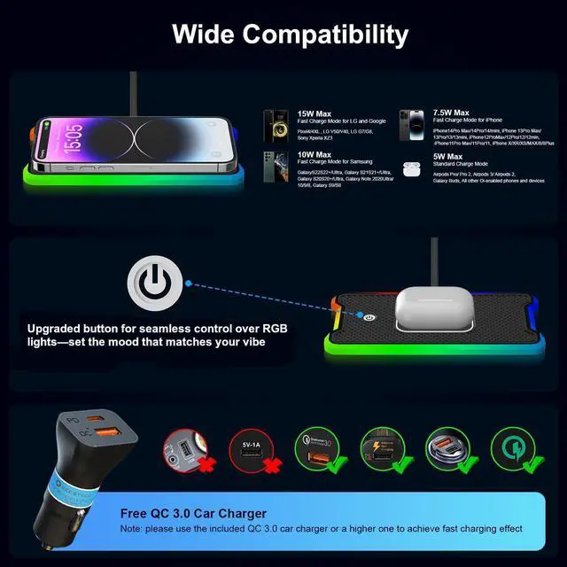 Alt view image 2 of 6 - Wireless Car Charger Pad, REESTECQI 15W RGB Wireless Charger for Car Type C Non Slip Wireless Charging Pad for Car 40W Car Charger Incl for Airpods iPhone 16/15/14/13/12,Samsung Google (30CM Cable)