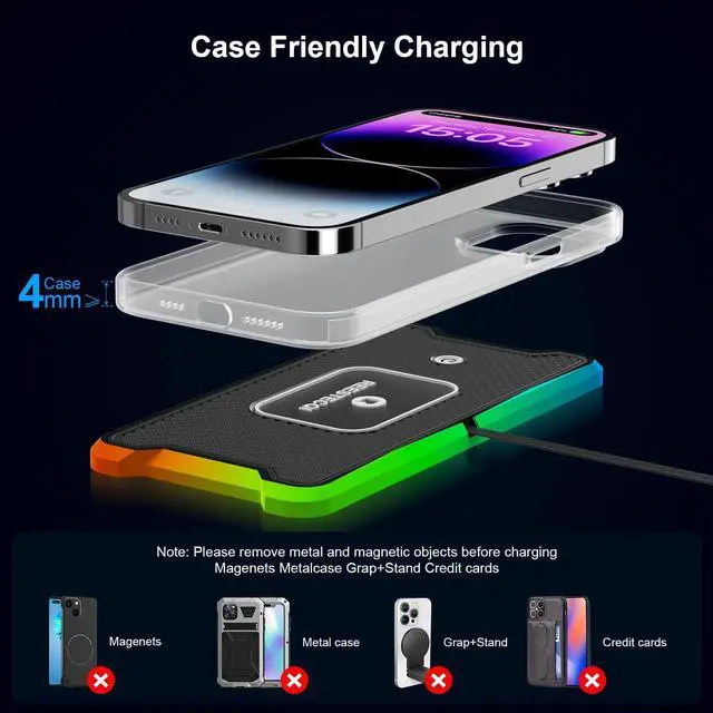 Alt view image 3 of 6 - Wireless Car Charger Pad, REESTECQI 15W RGB Wireless Charger for Car Type C Non Slip Wireless Charging Pad for Car 40W Car Charger Incl for Airpods iPhone 16/15/14/13/12,Samsung Google (30CM Cable)