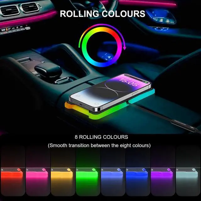 Alt view image 4 of 6 - Wireless Car Charger Pad, REESTECQI 15W RGB Wireless Charger for Car Type C Non Slip Wireless Charging Pad for Car 40W Car Charger Incl for Airpods iPhone 16/15/14/13/12,Samsung Google (30CM Cable)