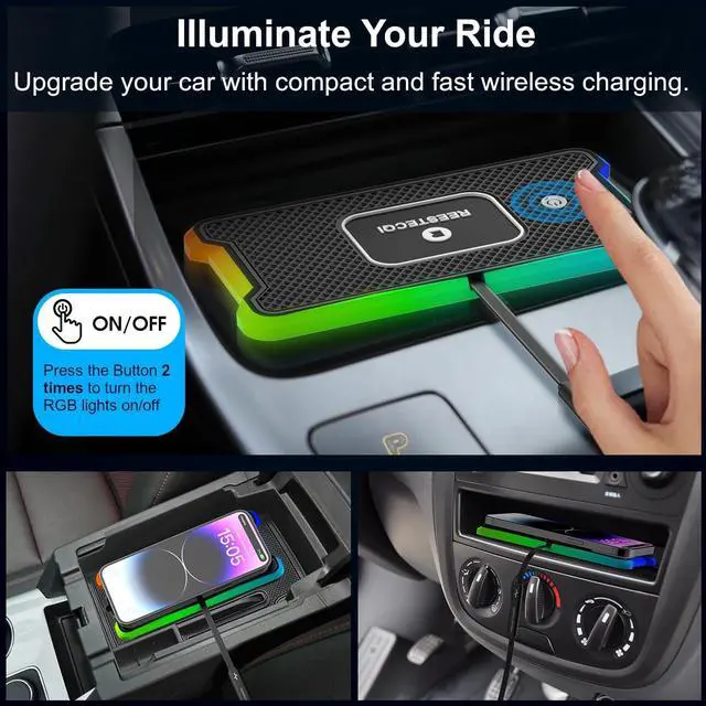 Alt view image 6 of 6 - Wireless Car Charger Pad, REESTECQI 15W RGB Wireless Charger for Car Type C Non Slip Wireless Charging Pad for Car 40W Car Charger Incl for Airpods iPhone 16/15/14/13/12,Samsung Google (30CM Cable)