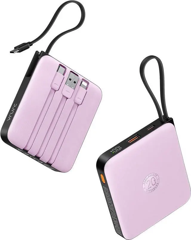 Main image of VRURC Portable Charger with Built-in Cable, 10000mAh Power Bank, 22.5W/PD20W Fast Charging USB C Battery Pack for iPhone 16 15 14 Samsung Galaxy S25 S24 S23 S22 Android Airpods, Purple(1 Pack)