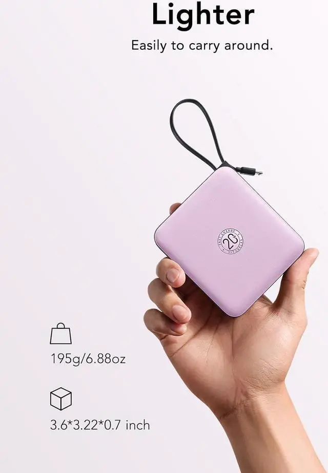 Alt view image 4 of 7 - VRURC Portable Charger with Built-in Cable, 10000mAh Power Bank, 22.5W/PD20W Fast Charging USB C Battery Pack for iPhone 16 15 14 Samsung Galaxy S25 S24 S23 S22 Android Airpods, Purple(1 Pack)