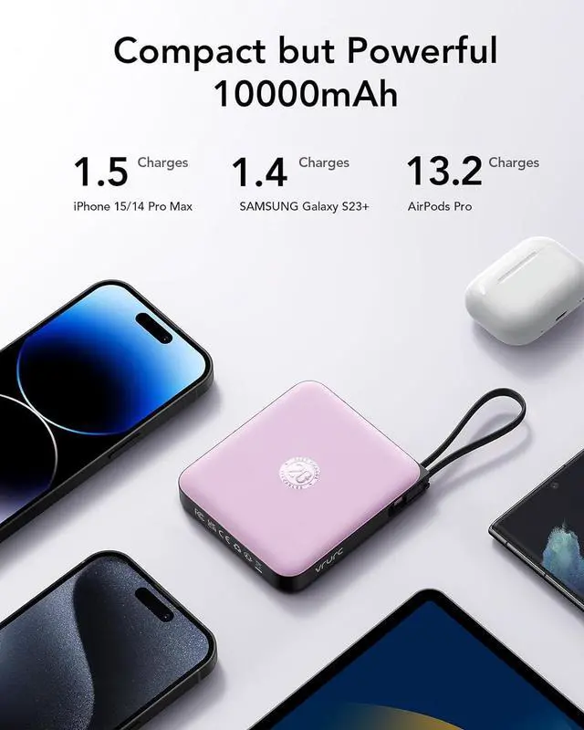 Alt view image 3 of 7 - VRURC Portable Charger with Built-in Cable, 10000mAh Power Bank, 22.5W/PD20W Fast Charging USB C Battery Pack for iPhone 16 15 14 Samsung Galaxy S25 S24 S23 S22 Android Airpods, Purple(1 Pack)