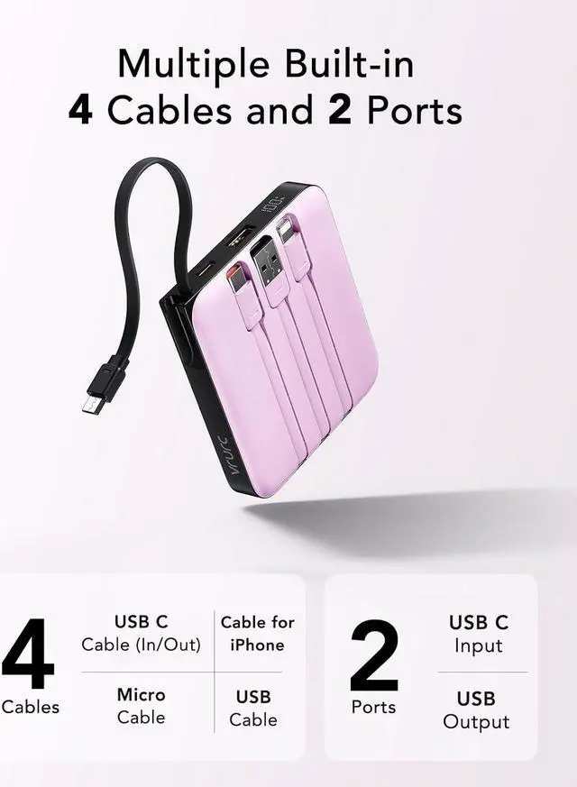 Alt view image 6 of 7 - VRURC Portable Charger with Built-in Cable, 10000mAh Power Bank, 22.5W/PD20W Fast Charging USB C Battery Pack for iPhone 16 15 14 Samsung Galaxy S25 S24 S23 S22 Android Airpods, Purple(1 Pack)